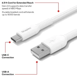 Staples TECH USB-C to USB-A Charging Cable, 6.5 ft., White (ST62338)