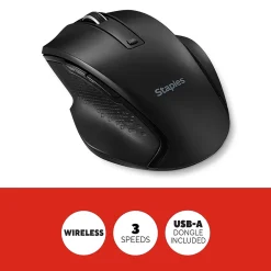 Staples TECH Wireless Ergonomic Curved Optical USB Mouse, Black (ST62599)* Mice