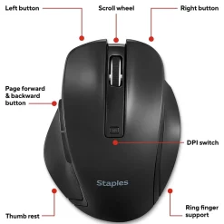 Staples TECH Wireless Ergonomic Curved Optical USB Mouse, Black (ST62599)* Mice