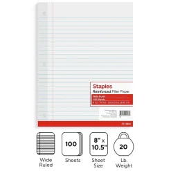 Staples Wide Ruled Filler Paper, 8" x 10.5", White, 100 Sheets/Pack (TR23904) Outlet