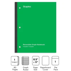 Staples Wireless 1-Subject Notebook, 8.5" x 11", Graph Ruled, 80 Sheets, (ST58384C) Green