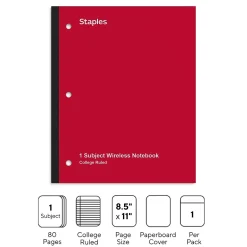 Staples Wireless 1-Subject Notebook, 8.5" x 11", College Ruled, 80 Sheets, (ST58379) Red Clearance