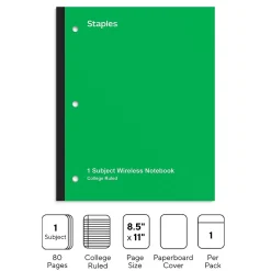Staples Wireless 1-Subject Notebook, 8.5" x 11", College Ruled, 80 Sheets, (ST58380C) Green Outlet
