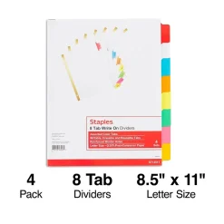 Staples Write-On Dividers, 8-Tab, Assorted Color s, 4/Pack (13511/23179) Clearance