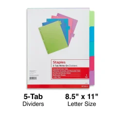 Staples Write-On Dividers, 5-Tab, Assorted Colors (13512/23180) Outlet