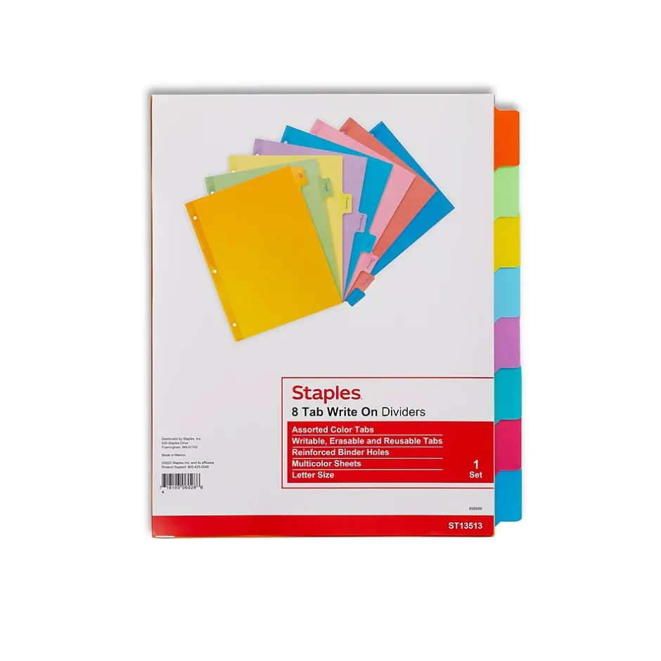 Staples Write-On Dividers, 8-Tab, Assorted Colors (13513/23181) Discount