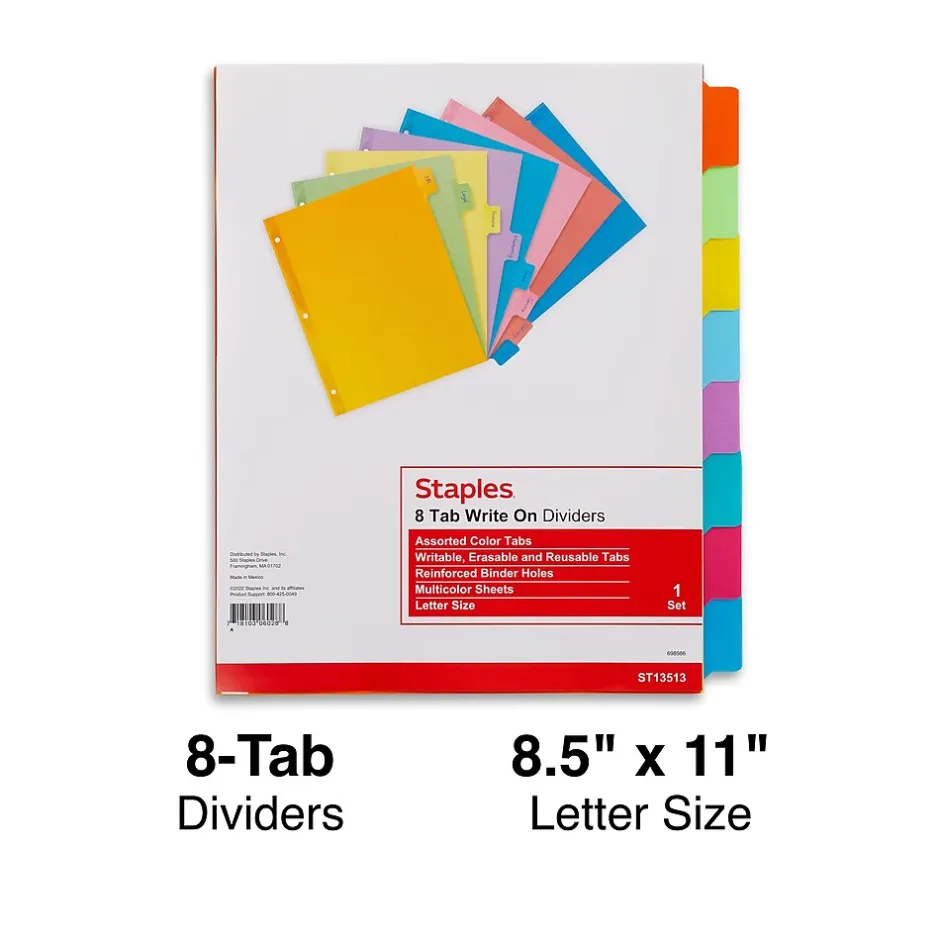 Staples Write-On Dividers, 8-Tab, Assorted Colors (13513/23181) Discount