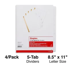Staples Write-On Write & Erase Paper Divider, 5 Tabs, White/White Tabs, 4 Sets (13508/23175) Clearance