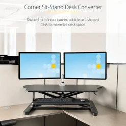Discount Adjustable Large Surface Corner Sit Stand Desk Converter for Dual Monitors, Keyboard Tray, 35" x 21" (ARMSTSCORNR) Standing Desks