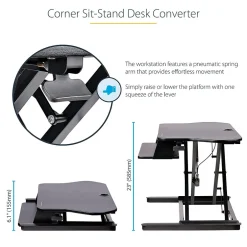 Discount Adjustable Large Surface Corner Sit Stand Desk Converter for Dual Monitors, Keyboard Tray, 35