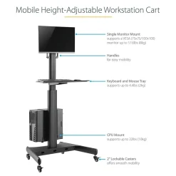 StarTech .com Adjustable Mobile Workstation Cart with Monitor Mount, 50.4" to 63", Black (WKSTNCART)* Monitor Mounts & Stands