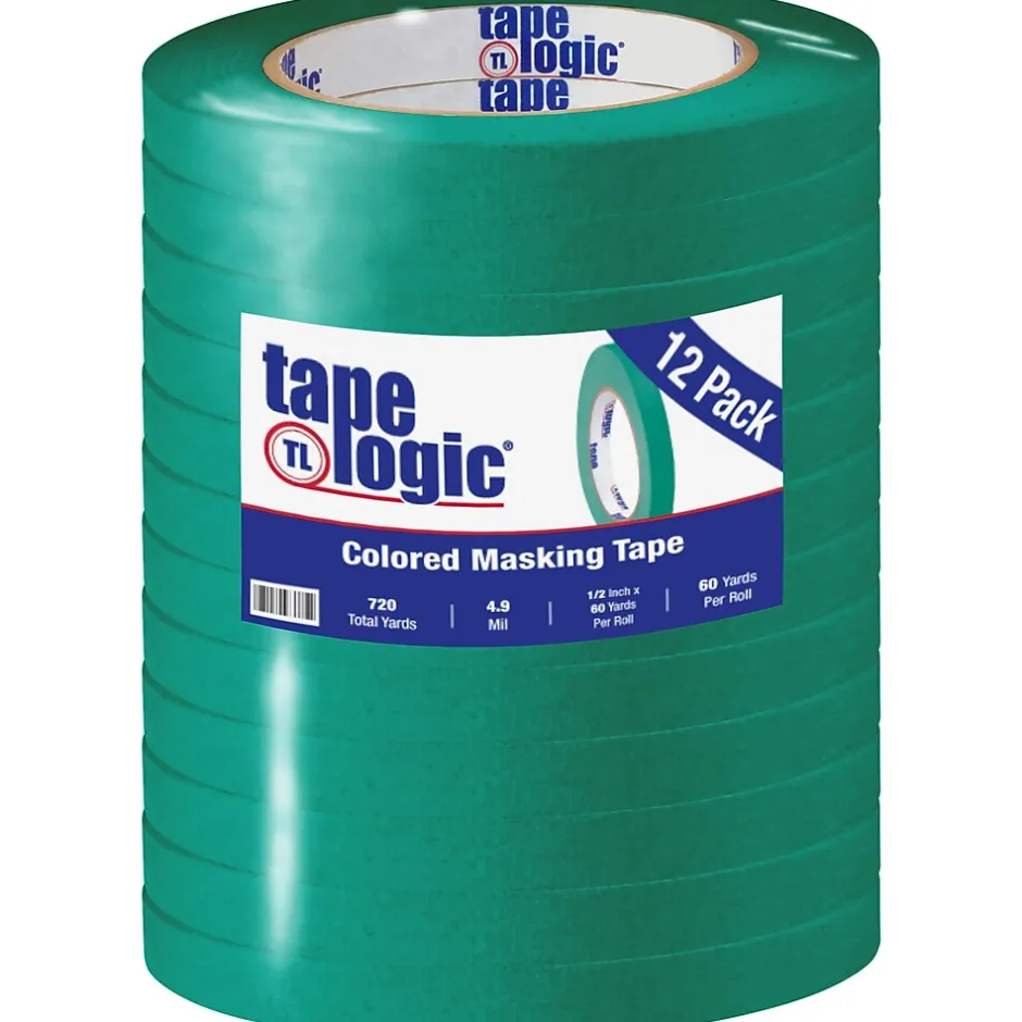 Tape Logic ® Colored Masking Tape, 4.9 Mil, 1/2" x 60 yds., Dark Green, 12/Case (T93300312PKE)* Masking Tape