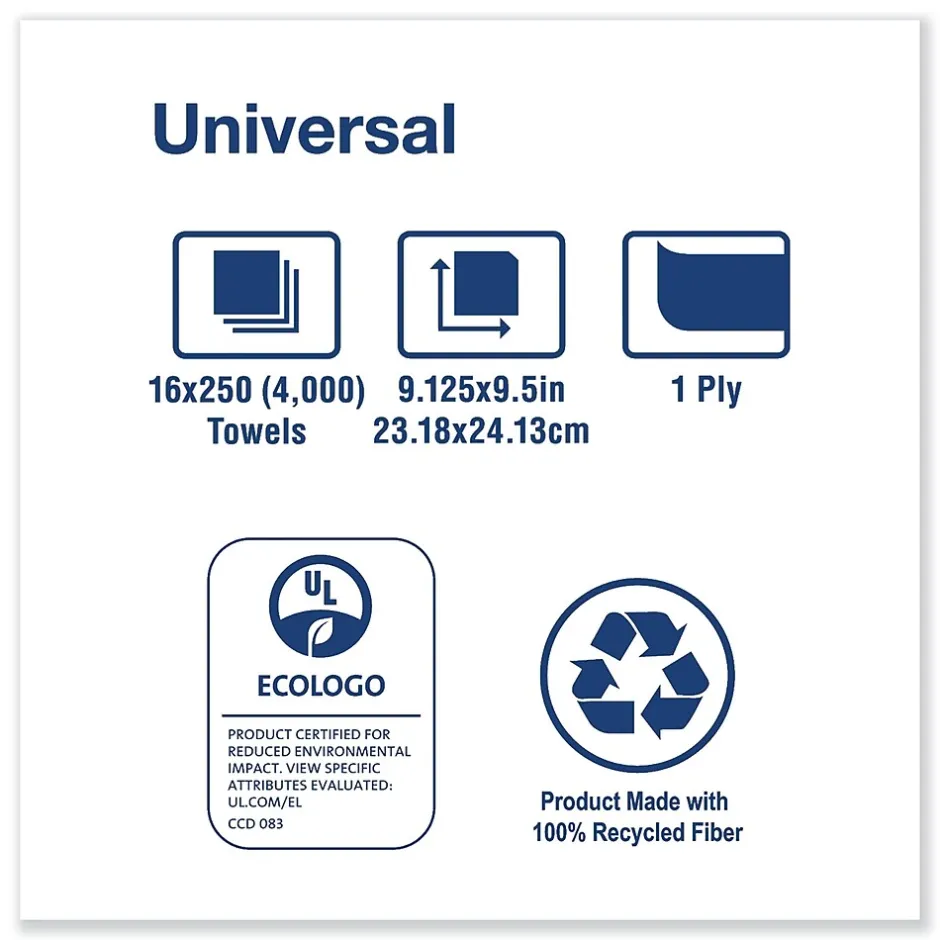 Paper Towels<Tork Universal Multifold Hand Towel, 9.13 x 9.5, Natural, 250/Pack,16 Packs/Carton (TRKMK530A)