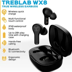 Treblab WX8 True Wireless IPX8 Waterproof Earbuds, Bluetooth, Black