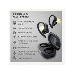 Treblab X3-Pro Bluetooth Wireless Earbuds with Earhooks, Charging Case (X3-PRO-W)