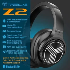 Treblab Z2-B Over Ear Workout Headphones with Microphone* Headsets