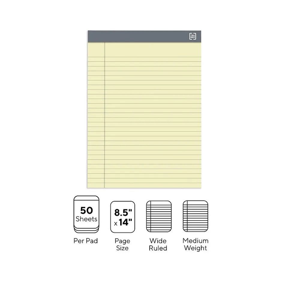 TRU RED ™ Achieve Notepad, 8.5" x 11.75", Wide Ruled, Canary, 50 Sheets/Pad, 6 Pads/Pack (TR57364)