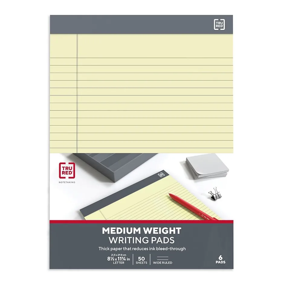 TRU RED ™ Achieve Notepad, 8.5" x 11.75", Wide Ruled, Canary, 50 Sheets/Pad, 6 Pads/Pack (TR57364)