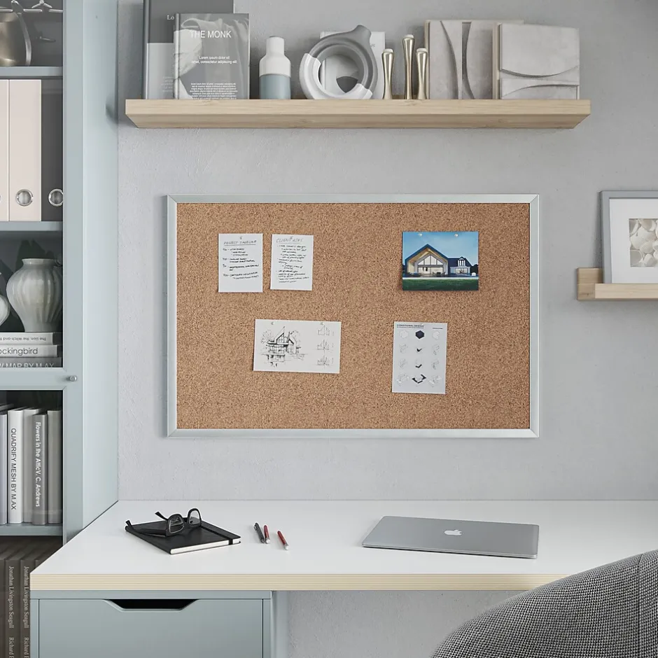 New Cork Bulletin Board, 35" x 23", Silver Aluminum Frame Bulletin