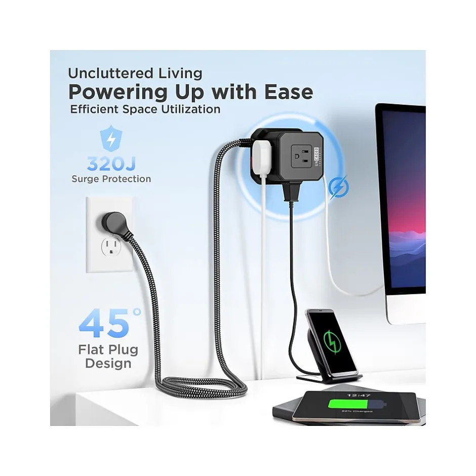 Surge Protectors & Power Strips<Uncaged Ergonomics Cube 5-Outlet 4-USB Port Surge Protector, 10', Black (PC-b-c)