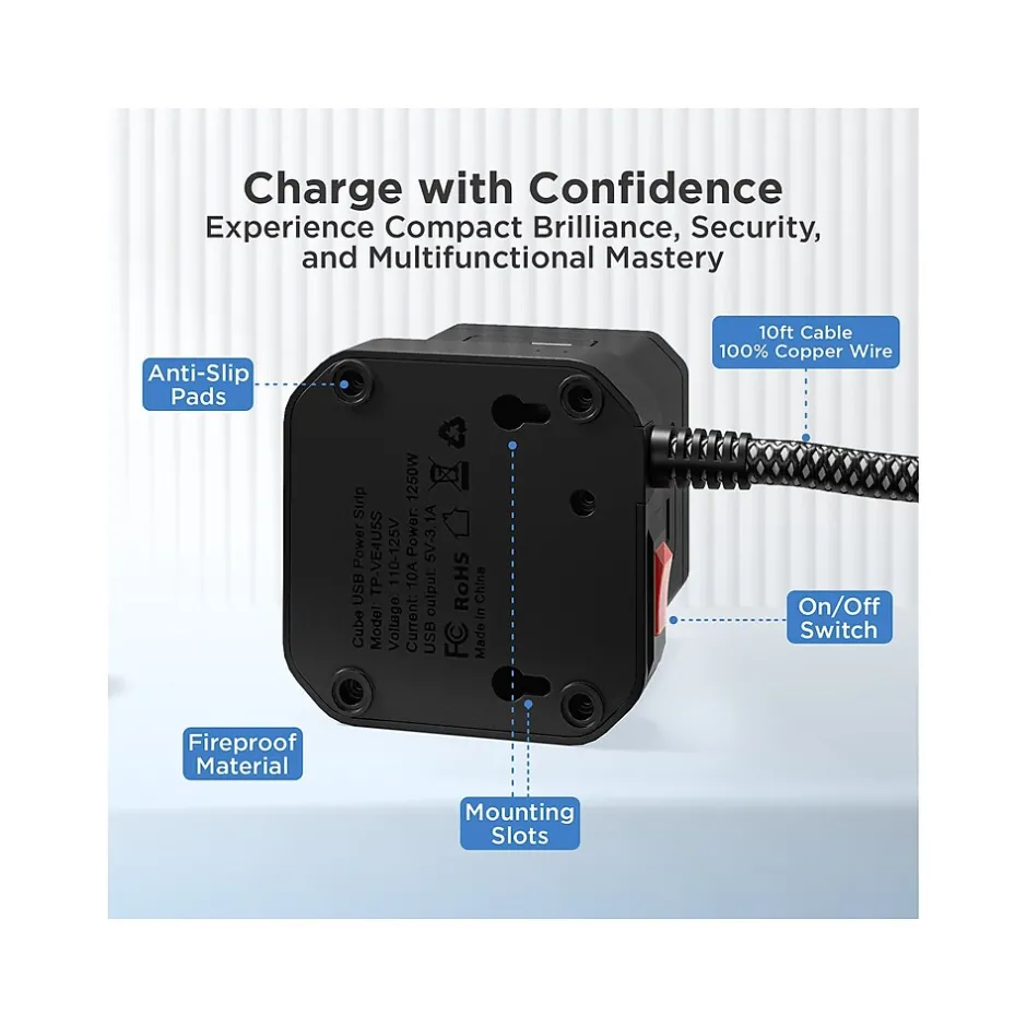 Surge Protectors & Power Strips<Uncaged Ergonomics Cube 5-Outlet 4-USB Port Surge Protector, 10', Black (PC-b-c)