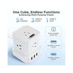 Surge Protectors & Power Strips<Uncaged Ergonomics Cube 5-Outlet 4-USB Port Surge Protector, 10', White (PC-w-c)