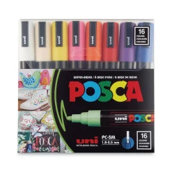 uni-ball Uni POSCA Permanent Specialty Marker, Medium Bullet Tip, Assorted Colors, 16/Pack (PC5M16C) New