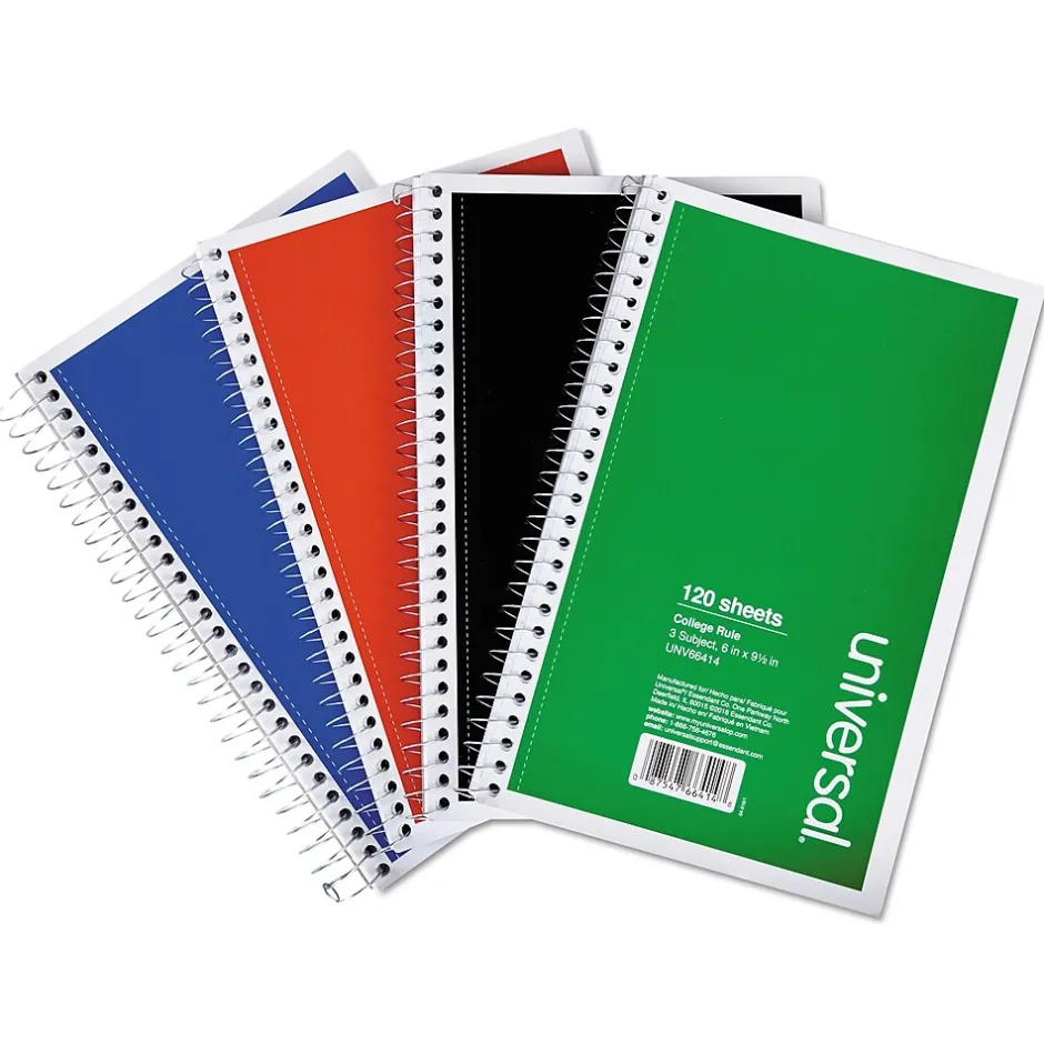 Universal Wirebound Notebook, 3 Subjects, Medium/College Rule, Assorted Colors, 9.5 x 6, 120 Sheets, 4/Pack (UNV66414) Discount