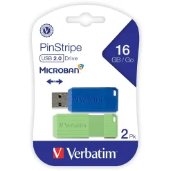 Verbatim PinStripe 16GB USB 2.0 Type A Flash Drive, Blue/Green (99149)* Usb Flash Drives