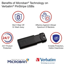 Verbatim PinStripe 128GB USB 3.2 Type A Flash Drive, Black (49319)* Usb Flash Drives