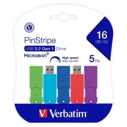 Verbatim PinStripe 16GB USB 3.2 Type A Flash Drive, Assorted Colors, 5/Pack (70387)* Usb Flash Drives