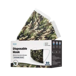 Masks<WeCare 3-ply Disposable Face Mask, Individually Wrapped, Adult, Green Camo, 50/Box (WMN100019)