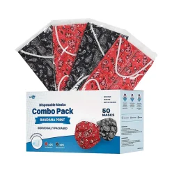 Masks<WeCare 3-ply Disposable Face Masks, Individually Wrapped, Adult, Red Bandana/Black Bandana, 50/Box (WMN100069)