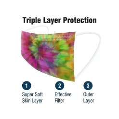 Masks<WeCare 3-ply Disposable Face Masks, Kids, Assorted Wacky Tie-Dye Designs, 50/Box (WMN100093)