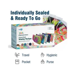 Masks<WeCare 3-ply Disposable Face Masks, Kids, Assorted Wacky Tie-Dye Designs, 50/Box (WMN100093)