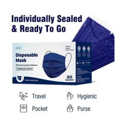 Masks<WeCare 3-ply Disposable Face Mask, Adult, Navy, 50/Box (WMN100022)